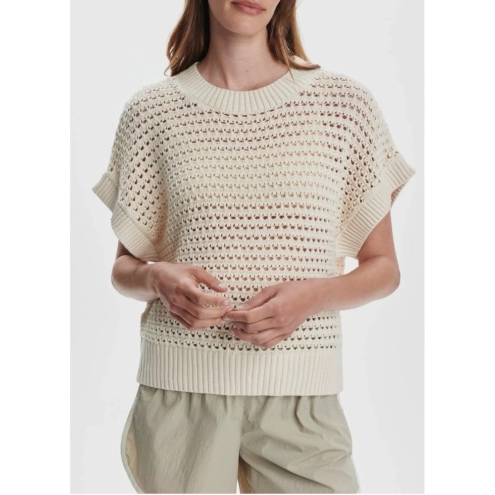 Varley Julianna Short Sleeve Knit Sweater Top Open Weave Boxy Crop Preppy Luxury